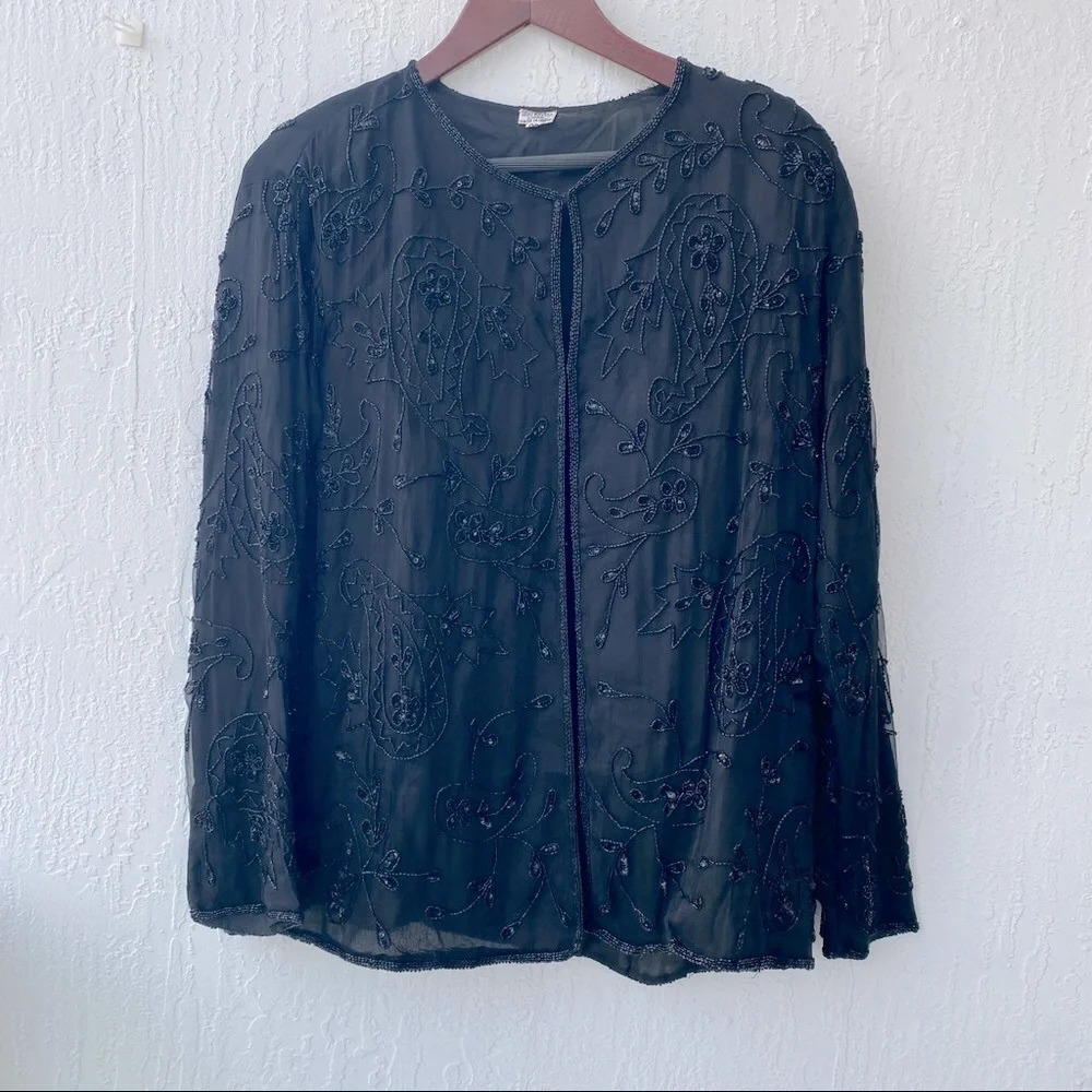 Vest sparkling sequins pearl hand made black XL